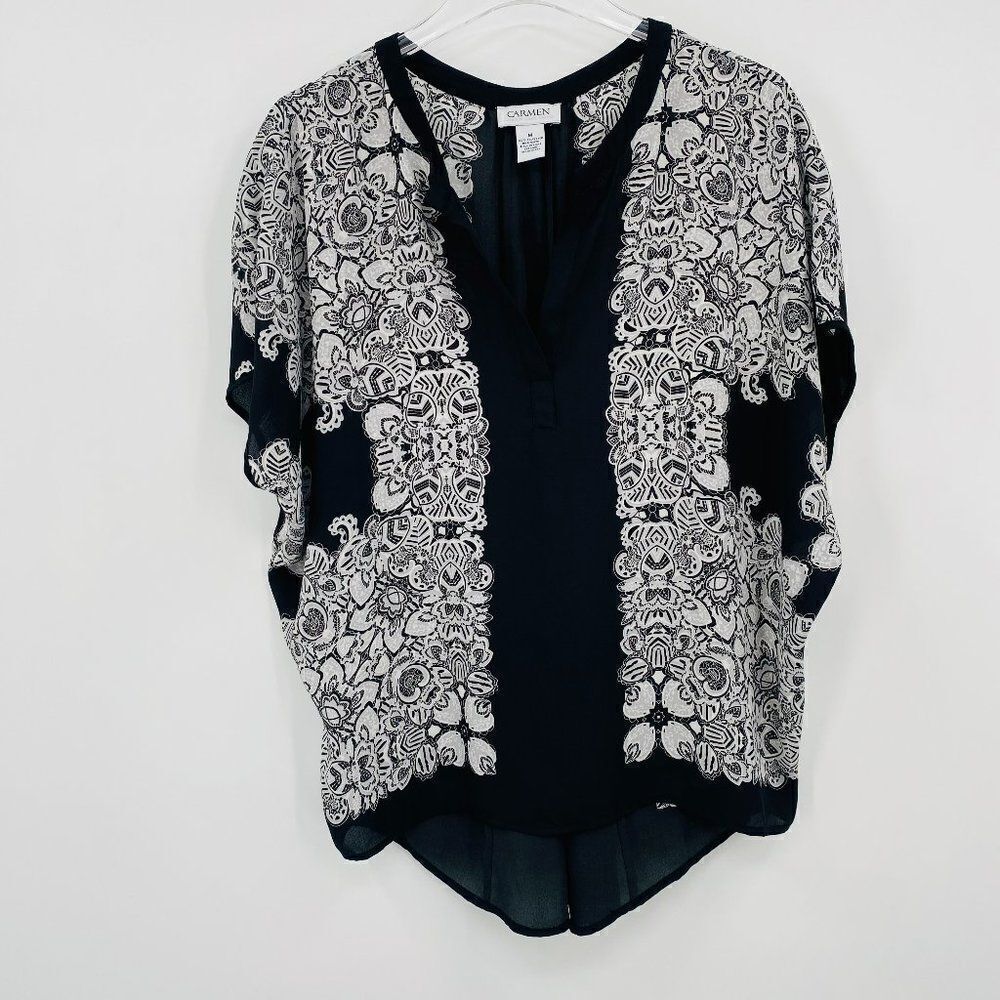 Carmen Marc Valvo Size Medium Black & White Printed V Neck Kimono Style Blouse - Picture 1 of 9